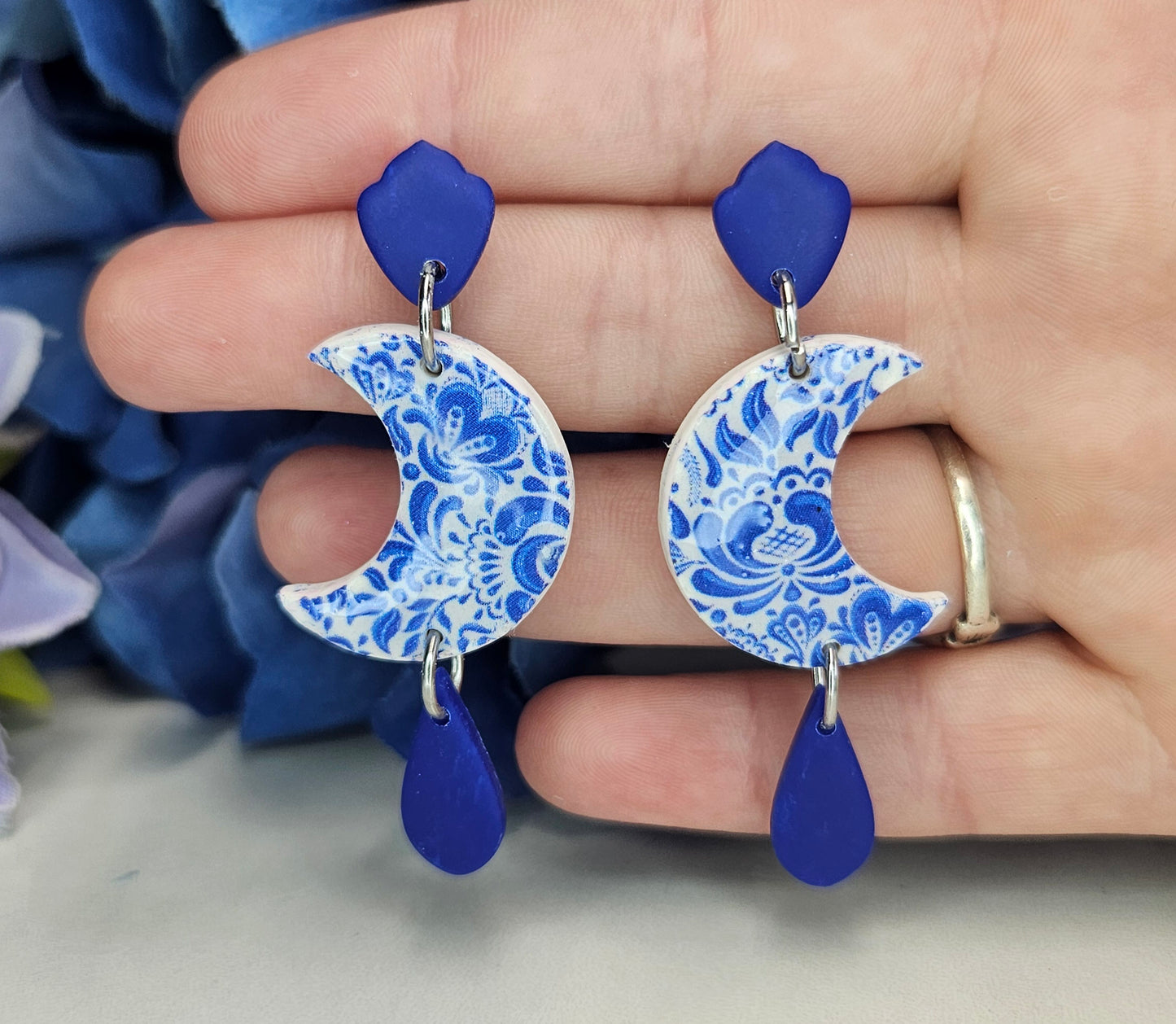 Blue Delft Moon Earrings – Crescent Drop Statement Dangles