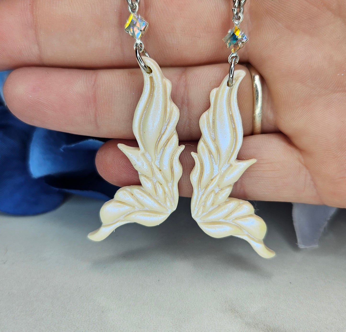 Celestial Pearl Fairy Wing Earrings | Iridescent Polymer Clay Jewelry