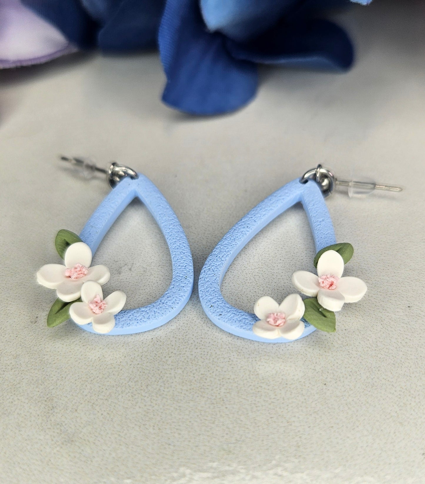 Dainty Summer Blossom Teardrop Earrings – Blue Pastel Floral Dangles