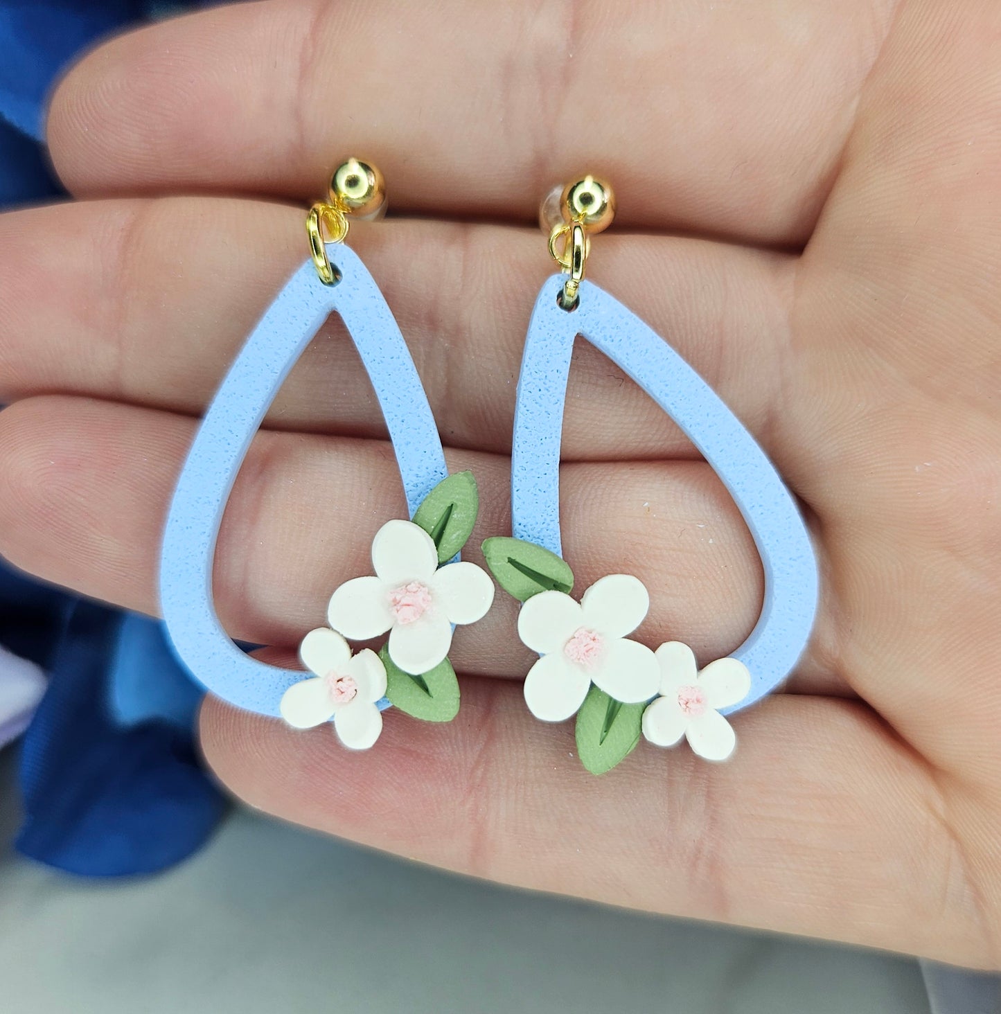 Dainty Summer Blossom Teardrop Earrings – Blue Pastel Floral Dangles