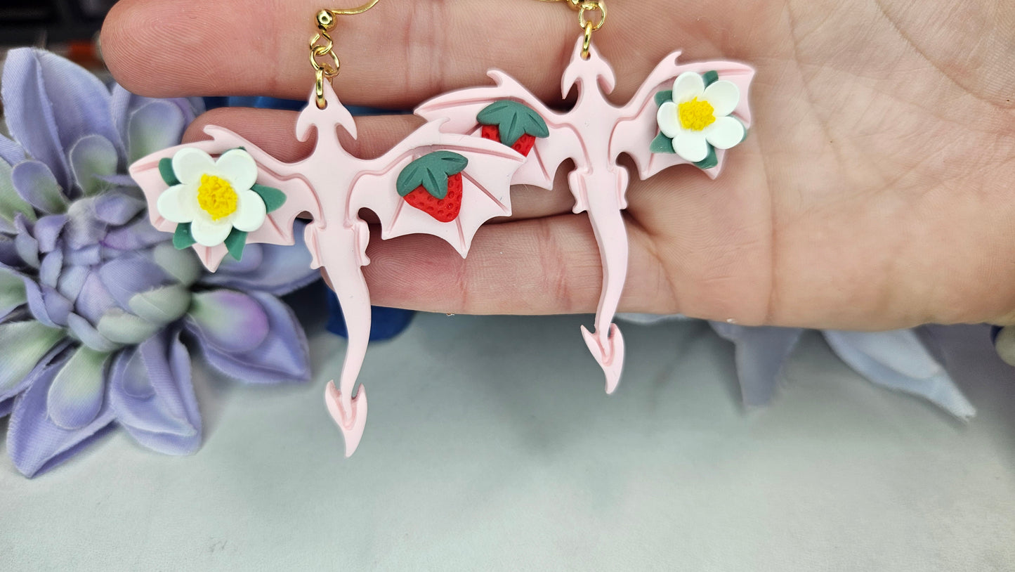 Strawberry Blossom Dragon Earrings – Whimsical Fantasy Jewelry