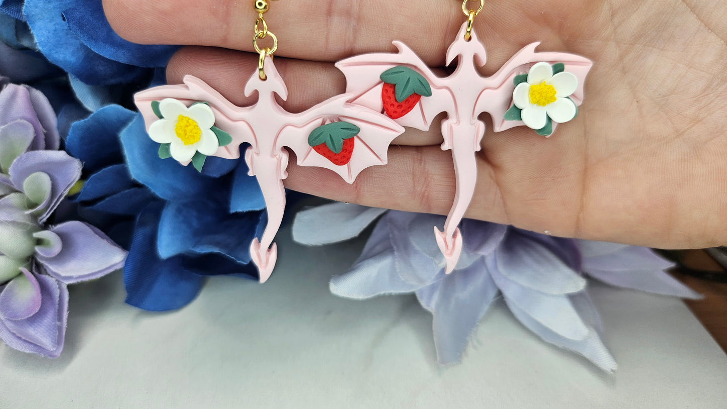 Strawberry Blossom Dragon Earrings – Whimsical Fantasy Jewelry