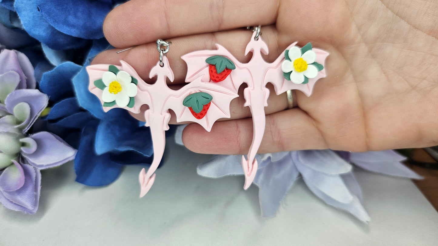 Strawberry Blossom Dragon Earrings – Whimsical Fantasy Jewelry