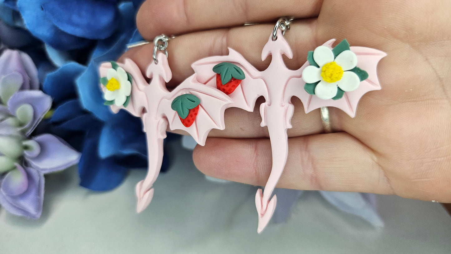 Strawberry Blossom Dragon Earrings – Whimsical Fantasy Jewelry