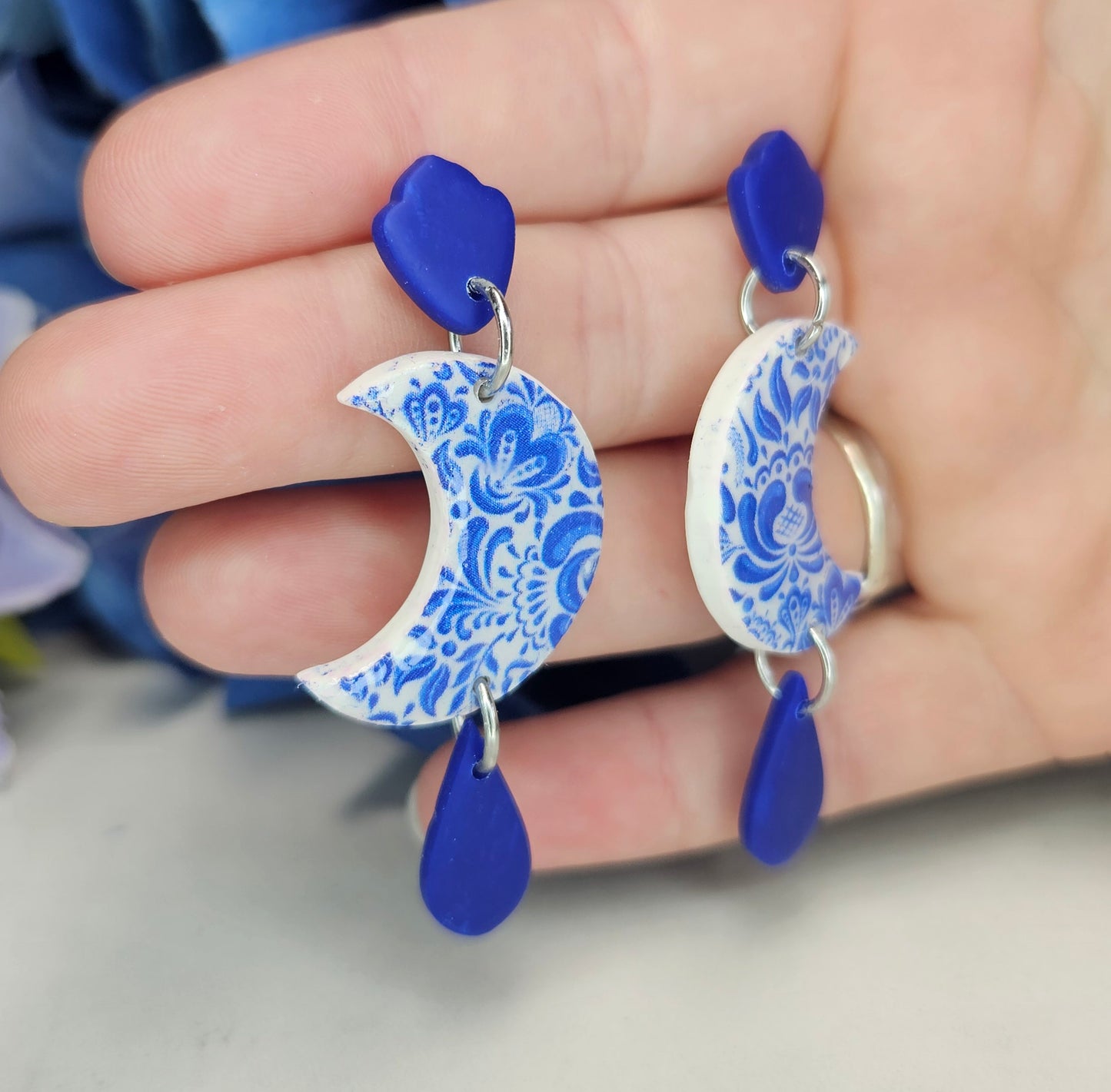 Blue Delft Moon Earrings – Crescent Drop Statement Dangles