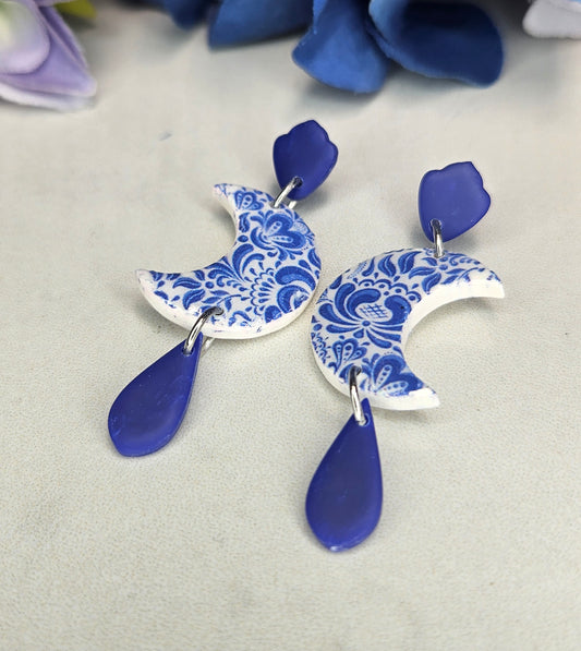 Blue Delft Moon Earrings – Crescent Drop Statement Dangles