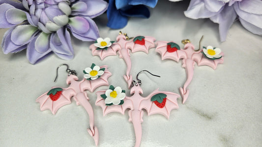 Strawberry Blossom Dragon Earrings – Whimsical Fantasy Jewelry